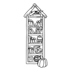 Coloring page with a hand-drawn bookshelf in a fairy tale style.
