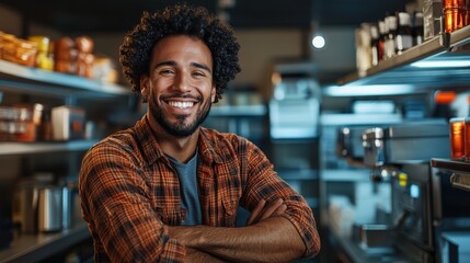 Fototapeta premium A smiling male barista in a cozy café setting stands confidently with his arms crossed, embodying the warmth and welcoming atmosphere of a friendly neighborhood coffee shop.