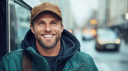 A smiling man stands confidently in an urban setting, embodying warmth and positivity, showcasing the vibrancy of city life and the connection humans have to their environment.