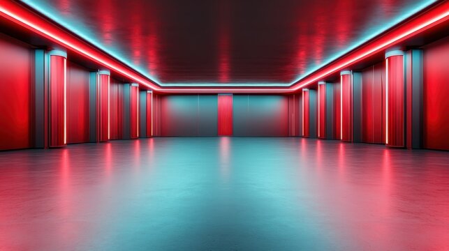 An empty, modern room illuminated by striking red and blue neon lights, featuring sleek lines and a polished floor, suggesting an energetic and futuristic atmosphere. - Powered by Adobe