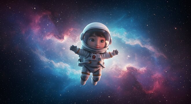 Adorable astronaute flotte paisiblement espace n&eacute;buleuse lumi&egrave;re douce
