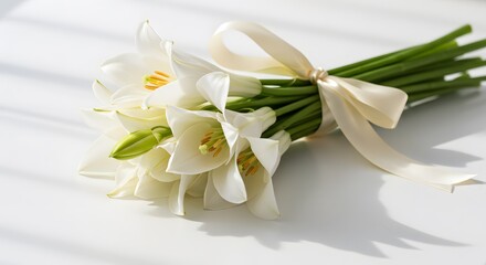 Lys blancs bouquet elegant lumiere douce fond blanc