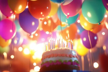 Festive background, cake and balloons. Ai generative.