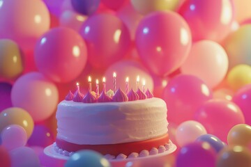 Festive background, cake and balloons. Ai generative.