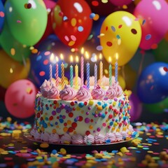 Festive background, cake and balloons. Ai generative.