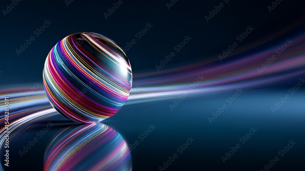 Poster abstract colorful striped sphere rolling on dynamic swirling lines futuristic technology background 