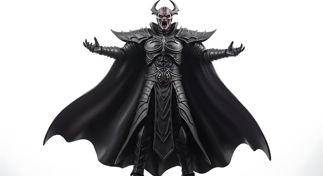 A menacing fantasy villain action figure, clad in intricate, dark armor with a flowing black cape, stands isolated on a white background. 