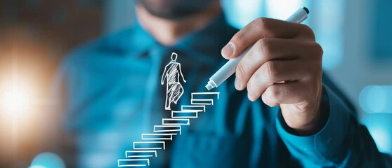 Businessman drawing stairs with a white marker on a transparent glass board, a man walking up the staircase to success and growth concept, the winner of a business development Generative AI - Powered by Adobe