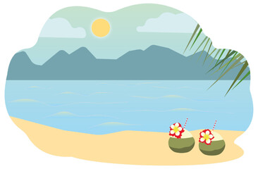 Tropical Beach with Coconuts and Mountain View
