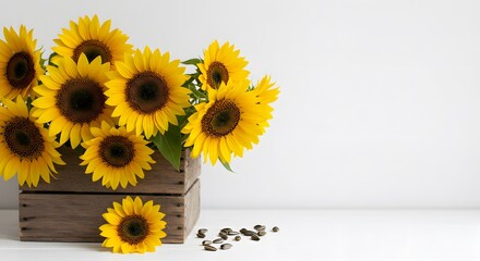 Tournesols jaunes brillants reposent paisiblement dans une caisse en bois claire lumiere douce naturelle