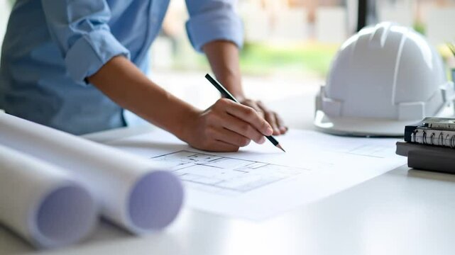 Close-up of a person drawing on blueprints, with a hard hat and other work supplies visible