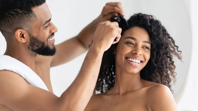 Loving couple sharing an intimate moment A man styles his partner s curly dark hair with a comb The woman smiles showing affection and happiness in a bright bathroom setting