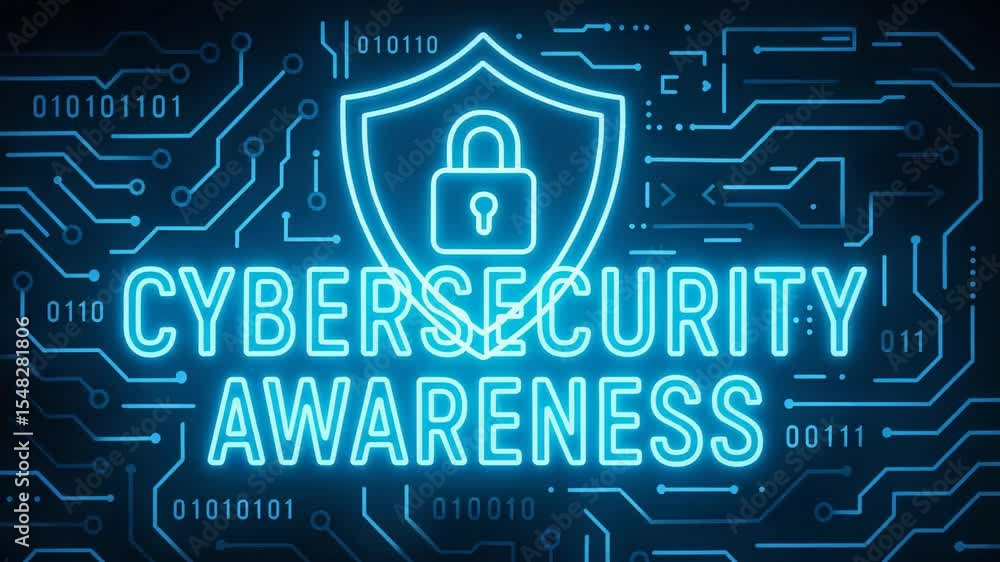 Poster a visually striking illustration highlighting cybersecurity awareness through a glowing shield and d