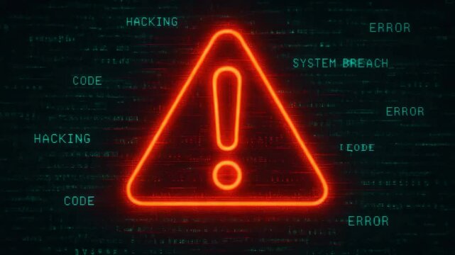 A striking digital illustration of a warning sign symbolizing a system breach or hacking. The backdrop consists of cascading code, emphasizing the urgency of cyber security issues.