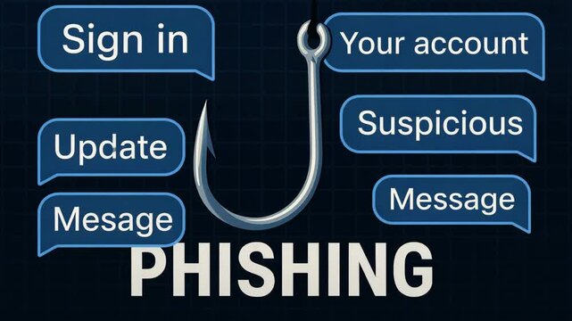 An illustration representing the risks of online phishing scams, featuring a fishing hook and warning messages about account security and suspicious alerts, emphasizing cyber safet
