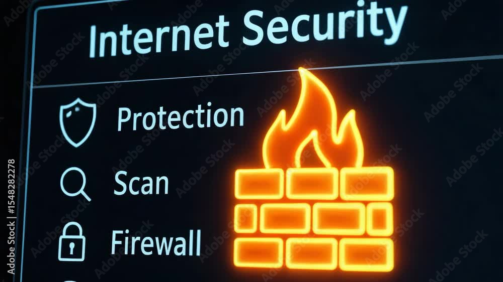 Poster a close-up of a digital display showcasing internet security features, including a firewall symbol