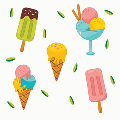 set with ice cream on white background, popsicle, cone, balls
