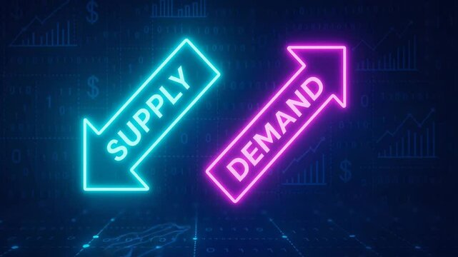 A modern representation of economic concepts showing supply and demand through neon arrows. Ideal for finance, market analysis, and business education visuals.