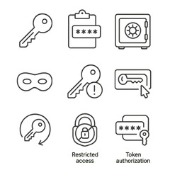 API Keys Icons. Line style icons of API keys and credentials: key symbol, clipboard token, vault storage, secret mask icon,