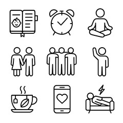 Parenting Balance Icons. Line style icons of parenting balance and self-care: planner with baby icon, rest clock, parent