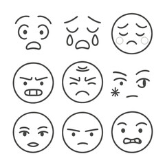Facial Emotion Icons. Line style icons of facial emotion cues: raised eyebrows, teary eyes, flushed cheeks, clenched jaw, wrinkled