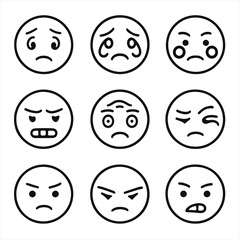 Facial Emotion Icons. Line style icons of facial emotion cues: raised eyebrows, teary eyes, flushed cheeks, clenched jaw, wrinkled