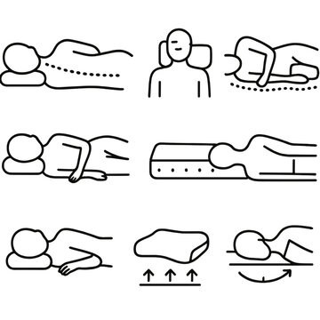 Healthy Sleep Icons. Line style icons of healthy sleep posture: aligned spine, neutral neck position, knee support icon, back