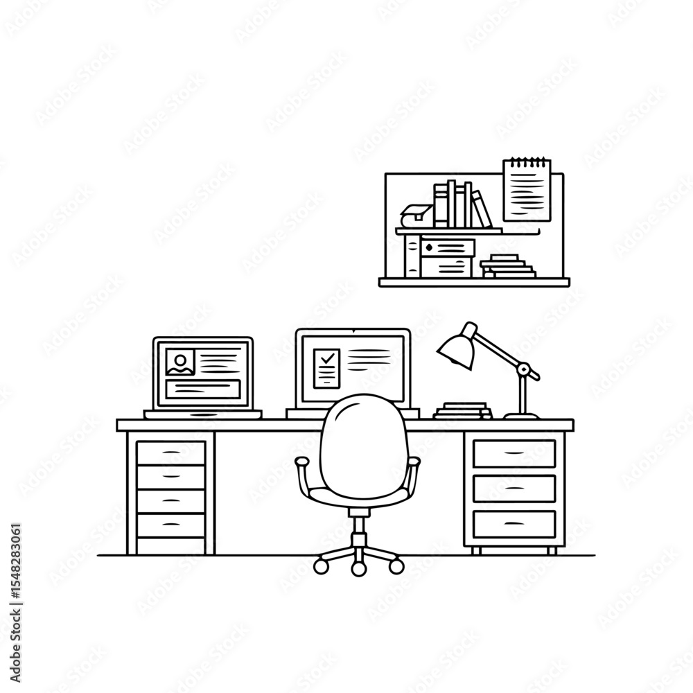 Poster modern workspace with laptop and desktop computer on desk. comfortable office chair and desk organiz