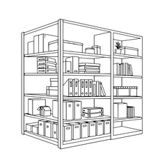 Office storage shelving unit with books, boxes, and files.  Modern office organization system with multiple shelves for efficient storage.  Stylish storage solution for workplace organization,