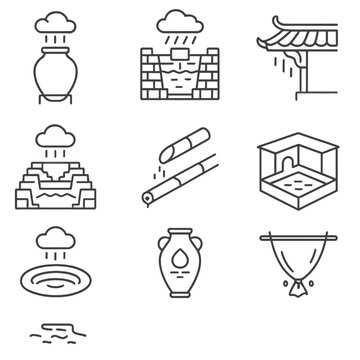 Historical Rainwater Icons. Line style icons of historical and traditional rainwater systems: clay jar collection icon, ancient