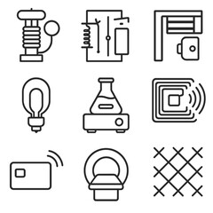 Electromagnetic Applications Icons. Line style icons of practical electromagnetic applications: electric bell coil icon, relay in