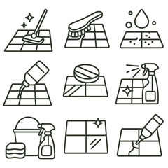 Tile Care Icons. Line style icons of maintenance and tile care: mopping tiled floor, soft brush cleaning grout, stain removal icon