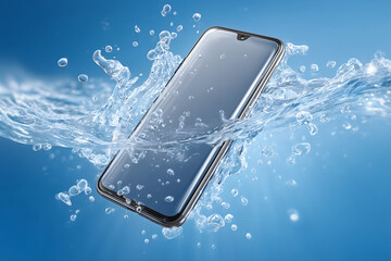 A smartphone in the water with splashes and drops. A sleek and modern device showcased, embodying technology and innovation in aquatic setting.