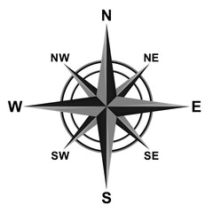 Compass icon, vector. Compass symbol, silhouette.  Navigation icon, symbol concept. North, South, West, East indicated with compass arrow. Vector illustration. Isolated on White Background
