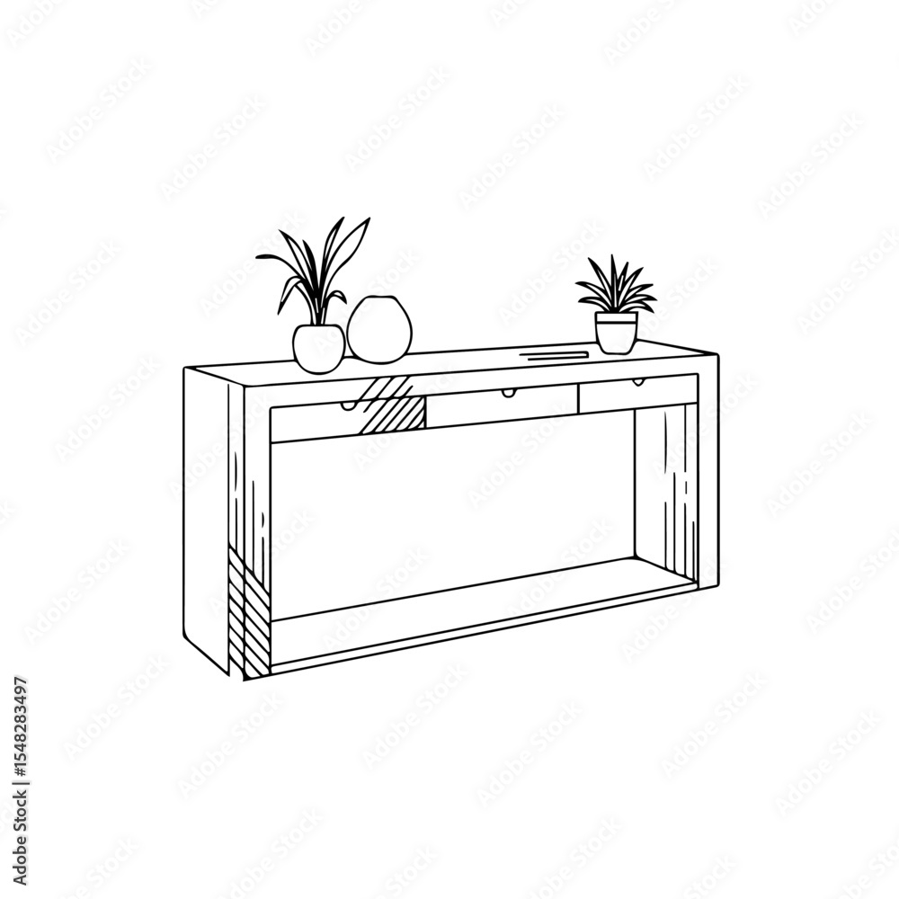 Poster modern console table sketch with two potted plants and decorative vases. simple console table design