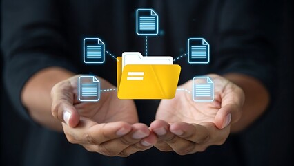 Conceptual image representing a digital data management system, network, or cloud computing service, with holographic documents and a folder displayed above a hand. document