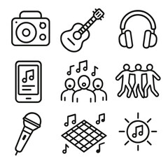 Obraz premium Picnic Music Icons. Line style icons of picnic music and entertainment: portable speaker, acoustic guitar, headphone resting,