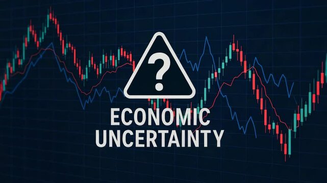 A graphic illustration depicting economic uncertainty with a question mark inside a warning sign, set against a backdrop of fluctuating financial market graphs.