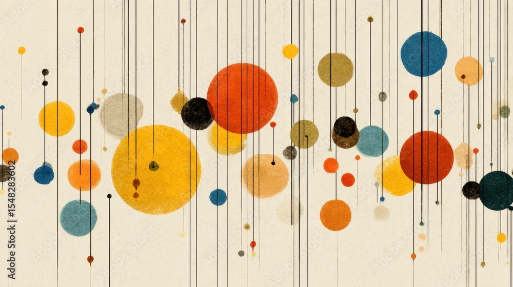 Poster this artwork showcases a vibrant arrangement of colorful circles suspended by thin lines, creating a
