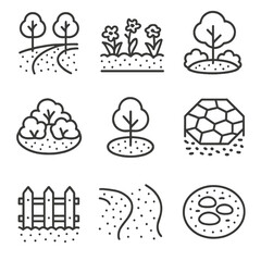 Mulching Icons Collection. Line style icons of mulching for landscape design: tree-lined mulch path, flower bed border, garden
