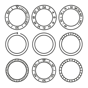 Watch Bezel Icons. Line style icons of bezel types and functions: dive bezel, GMT bezel, tachymeter bezel, rotating bezel, fixed