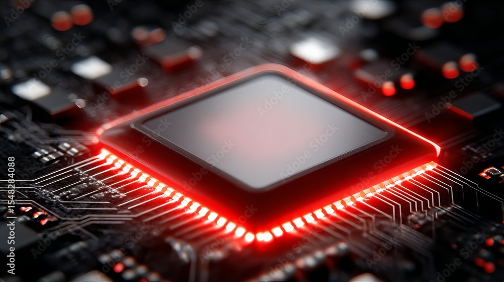 Fototapete red glowing cpu microchip technology digital circuit board electronic computer hardware powerful pro