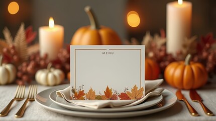 Thanksgiving dinner menu mockup with autumn leaves and cozy table setting for holiday celebration. Copy space, template for text.