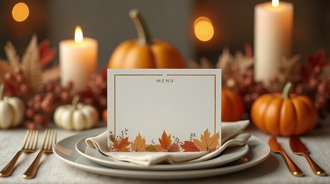 Thanksgiving dinner menu mockup with autumn leaves and cozy table setting for holiday celebration. Copy space, template for text.