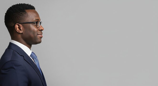 Professional african american man in suit side profile stock photo for business use