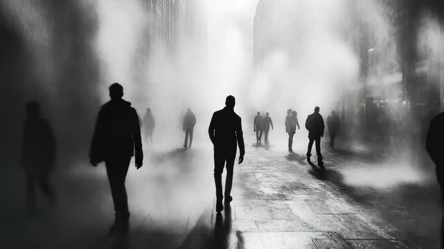 A group of people walking down a street in the fog