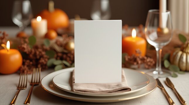 Thanksgiving dinner menu mockup on a rustic table setting with autumn decor and warm candlelight. Copy space, blank sheet template for text.