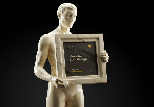 Stand Man Statue Holding Square Frame Photo Poster Mockup