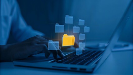Conceptual image representing a digital data management system, network, or cloud computing service, with holographic documents and a folder displayed above a hand. document
