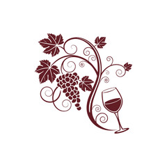 Elegant maroon grapevine illustration with wine glass, perfect for wine labels or restaurant menus.